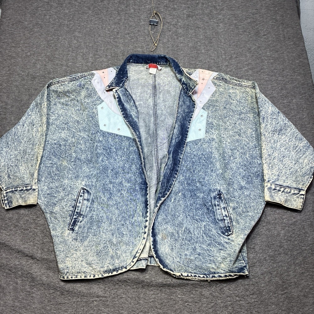 Vintage Opal Acid Wash Denim Jacket Womens XL‎ Blue Leather Trim Star Studs 80s